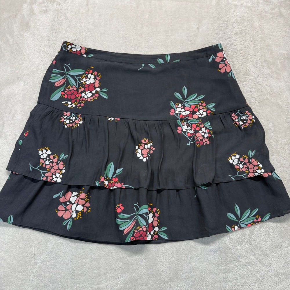 LOFT Skirt‎ Women's 14 Tiered Ruffle Crepe  Mini Black Floral Print Boho Preppy